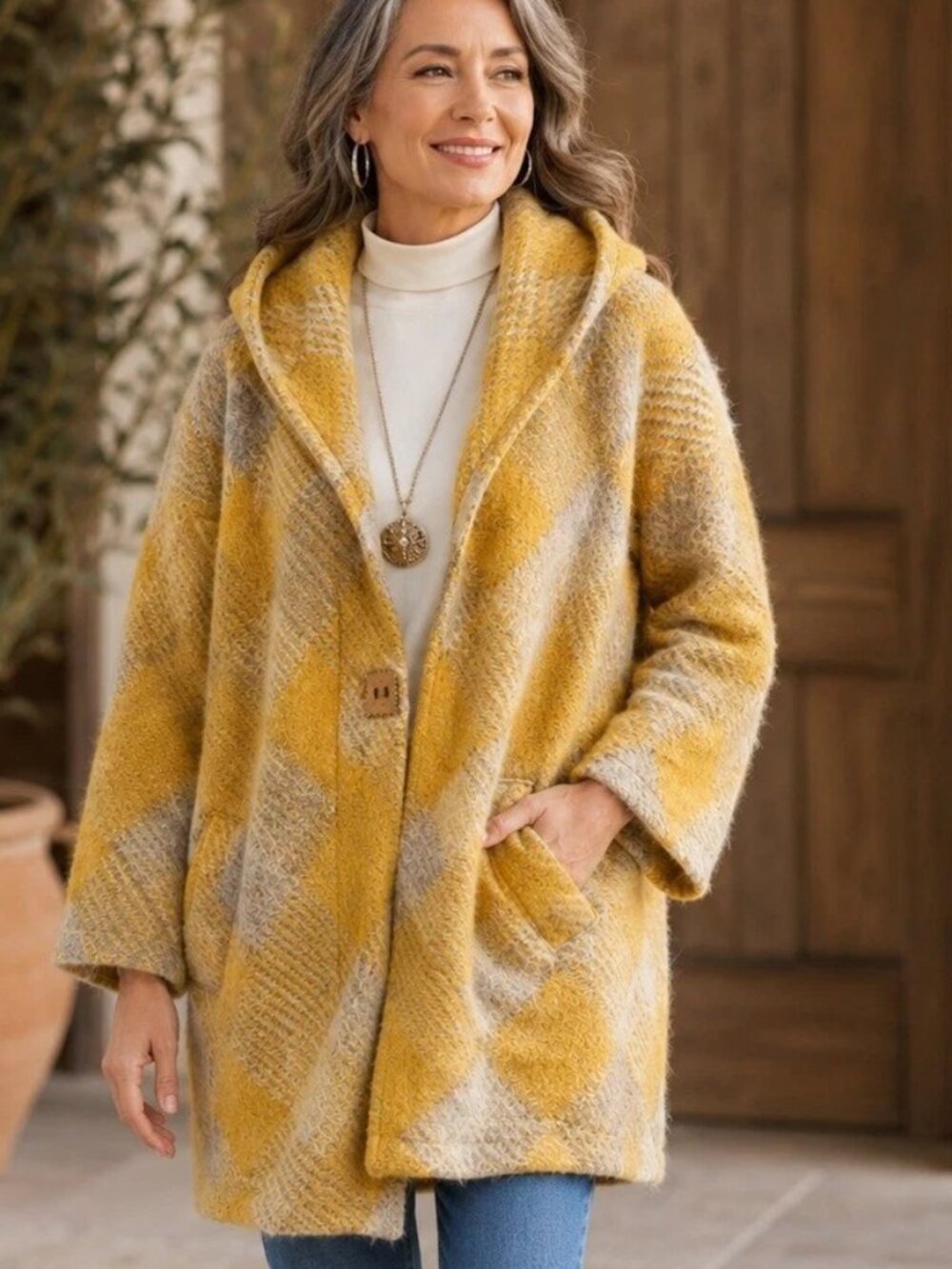 Soft Surroundings Plaid Hooded Sweater Cardigan Coat Yellow Gray Size M